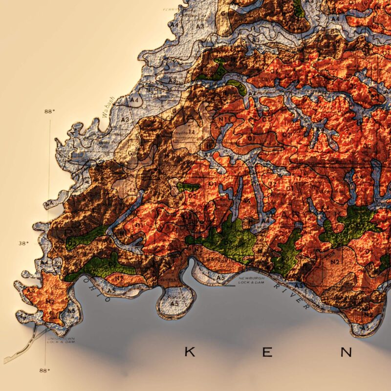 Indiana Map 1973, Geology :Shaded relief map – flat print (not a 3D raised map)
