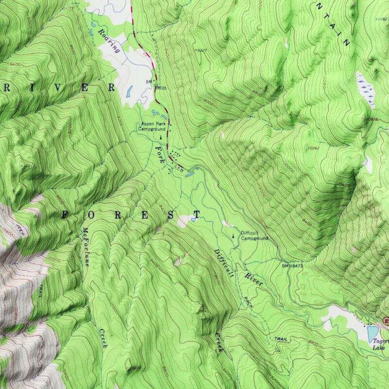 Aspen Map 1960 :Shaded relief map – flat print (not a 3D raised map)