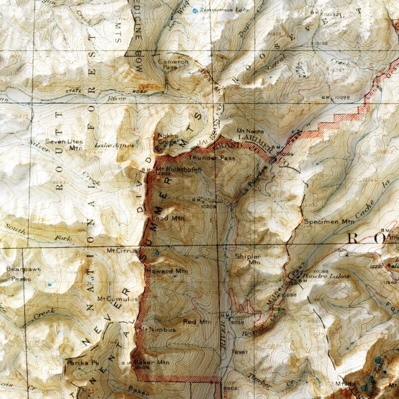 Rocky Mountain Map 1915, Topography :Shaded relief map – flat print (not a 3D raised map)
