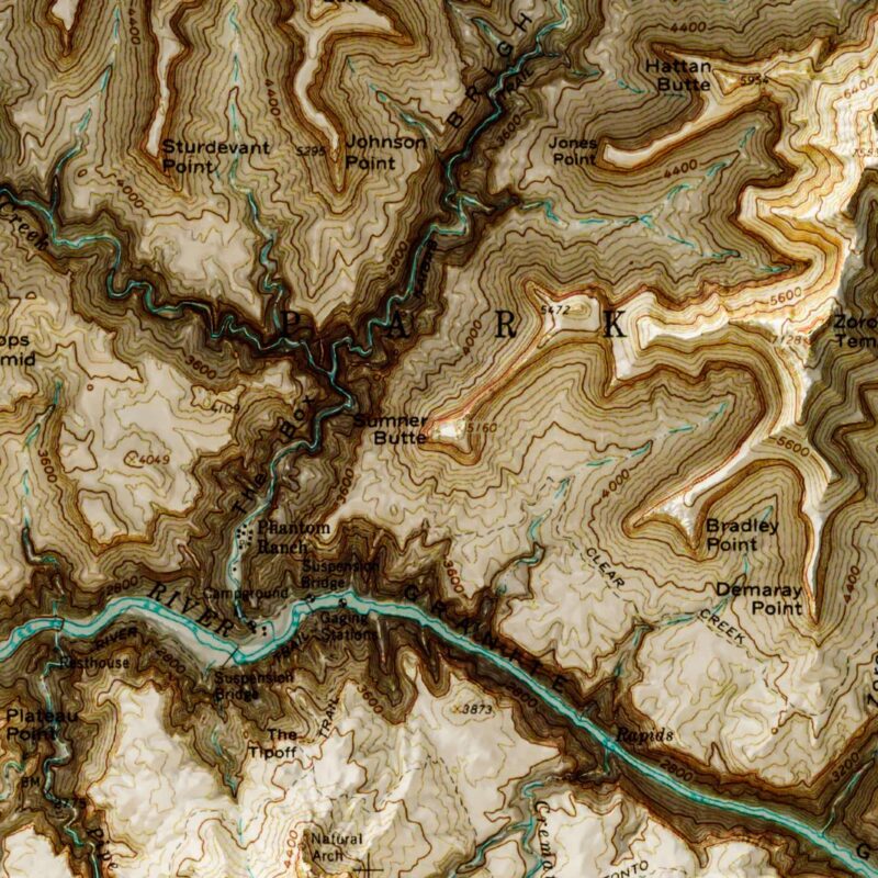 Bright Angel Trail Grand Canyon National Park Map 1962 :Shaded relief map – flat print (not a 3D raised map)