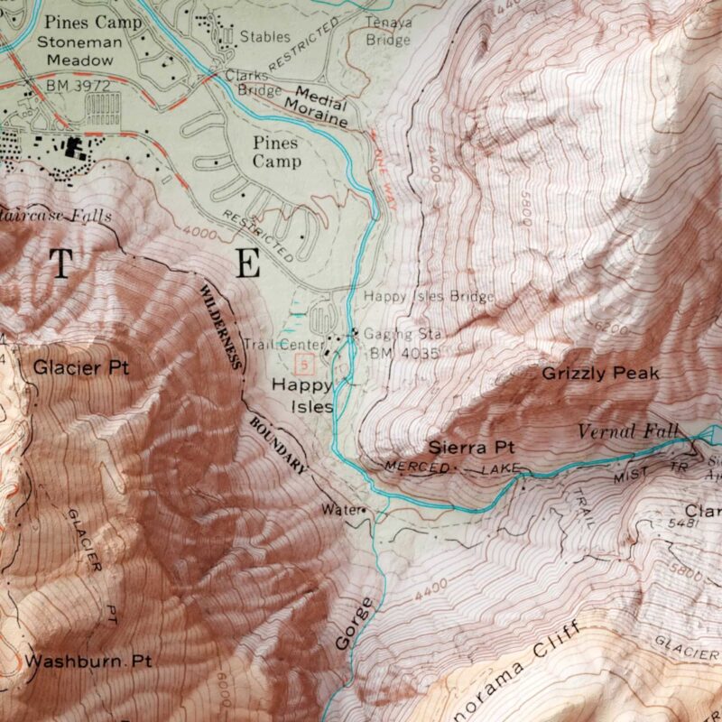 Yosemite Valley Map, Topography :Shaded relief map – flat print (not a 3D raised map)