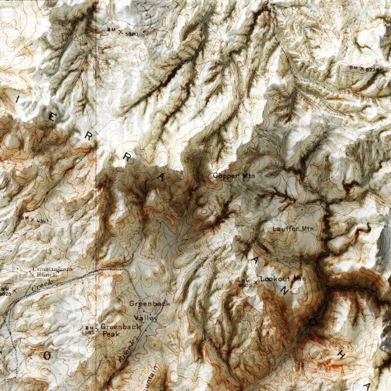 Roosevelt 1907, Topography :Shaded relief map – flat print (not a 3D raised map)