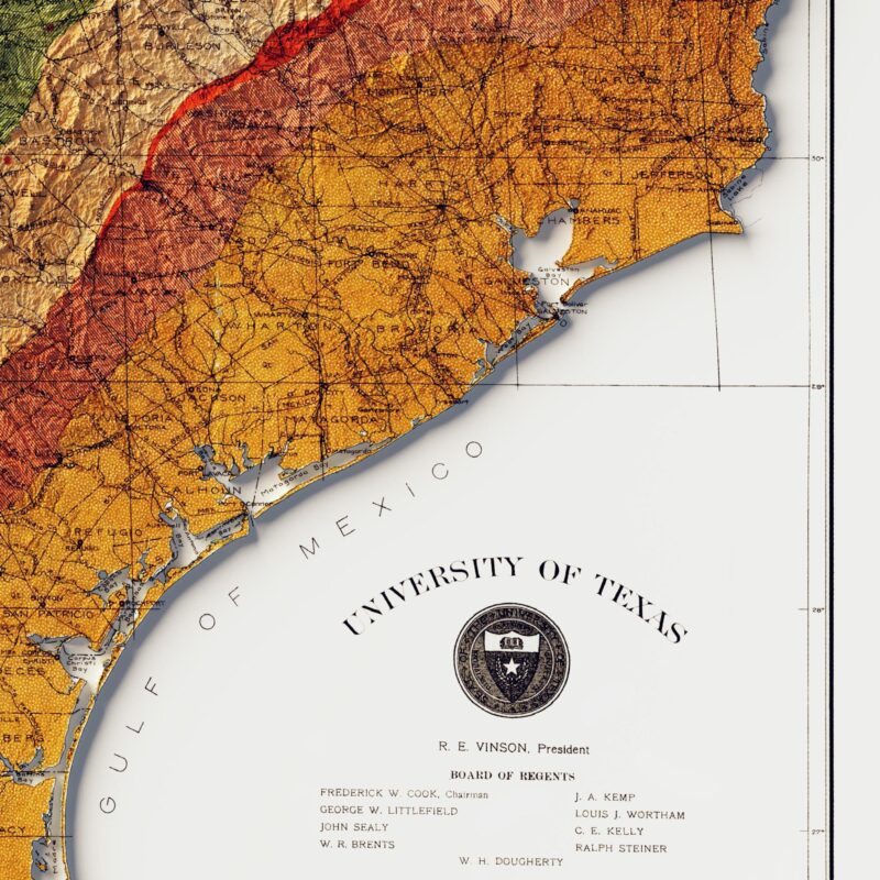 Texas Map 1919, Geology :Shaded relief map – flat print (not a 3D raised map)
