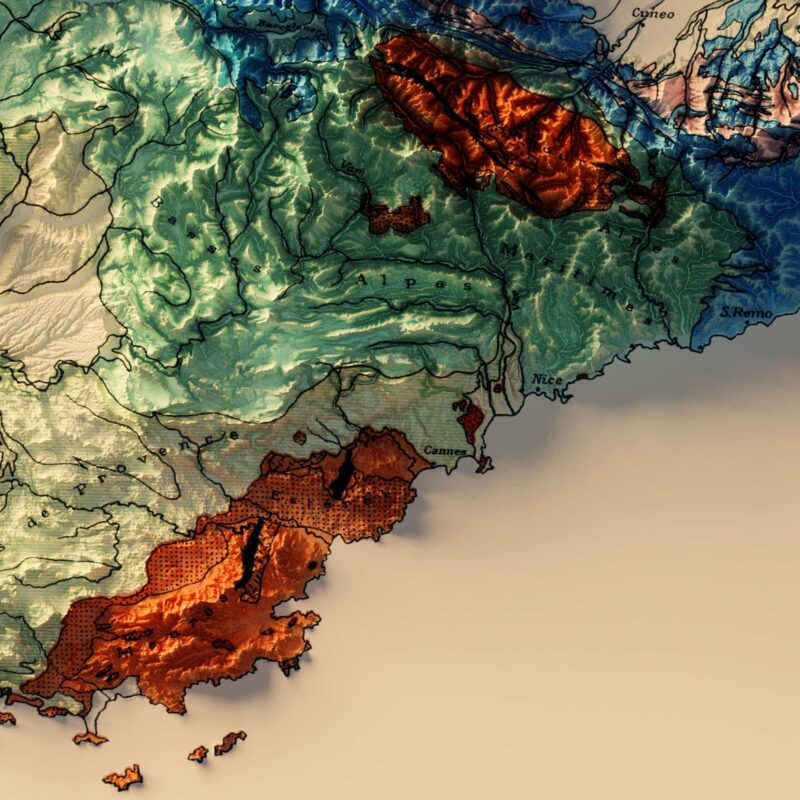 Alps Mountains Map 1923, Geology :Shaded relief map – flat print (not a 3D raised map)