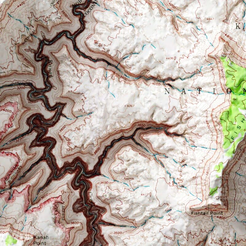 Kanab Point - Grand Canyon National Park Map 1962 :Shaded relief map – flat print (not a 3D raised map)