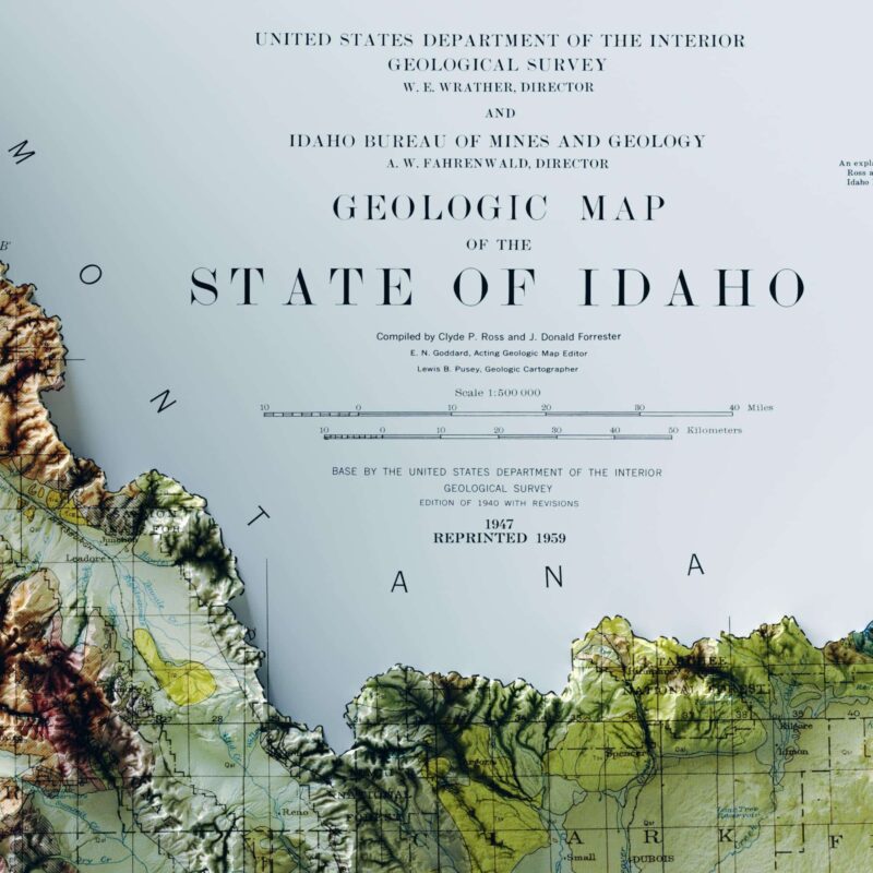 Idaho Map 1947, Geology :Shaded relief map – flat print (not a 3D raised map)