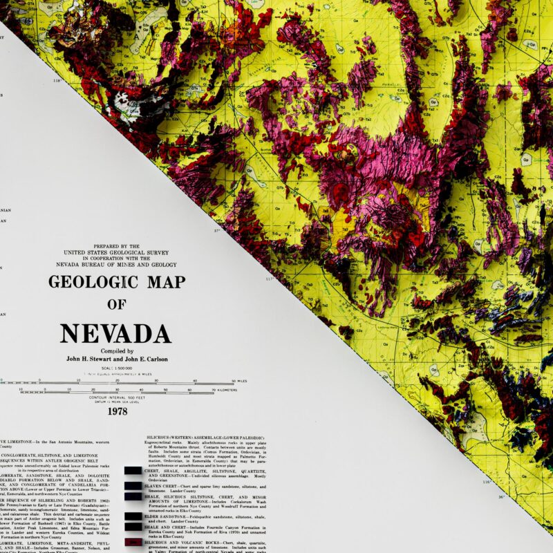Nevada Map 1978, Geology :Shaded relief map – flat print (not a 3D raised map)