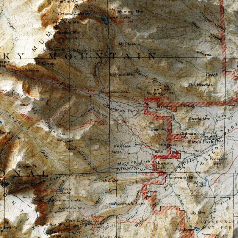 Rocky Mountain Map 1915, Topography :Shaded relief map – flat print (not a 3D raised map)