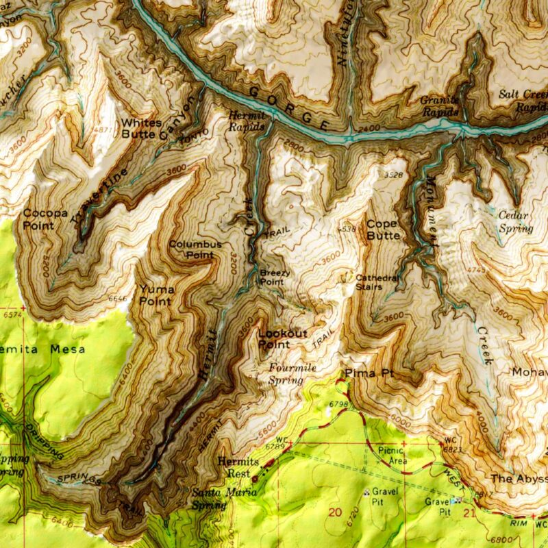 Bright Angel Trail Grand Canyon National Park Map 1962 :Shaded relief map – flat print (not a 3D raised map)