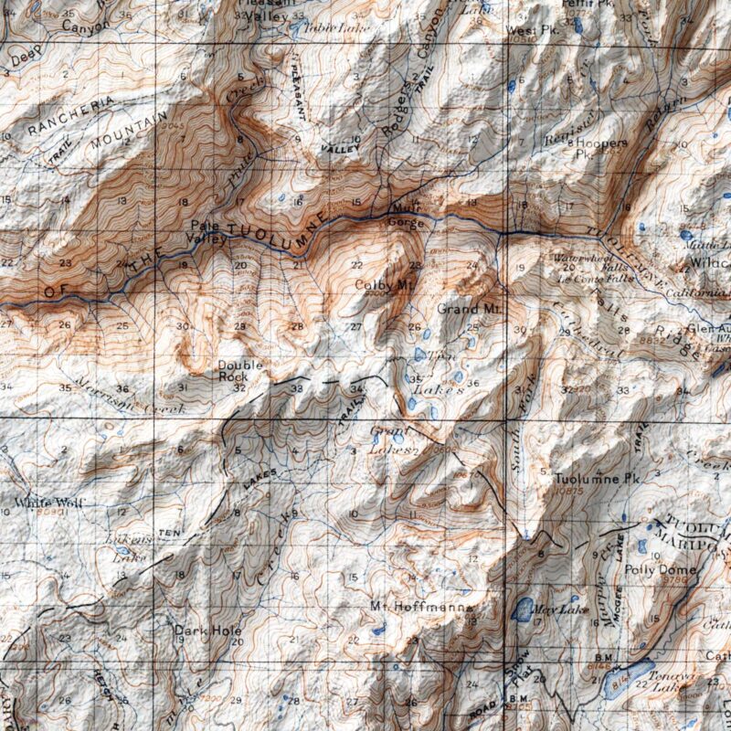 Yosemite National Park 1915, Topography :Shaded relief map – flat print (not a 3D raised map)