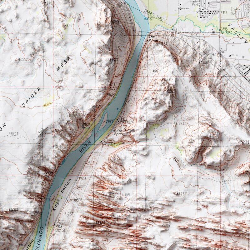 Moab Utah Map 1985 :Shaded relief map – flat print (not a 3D raised map)