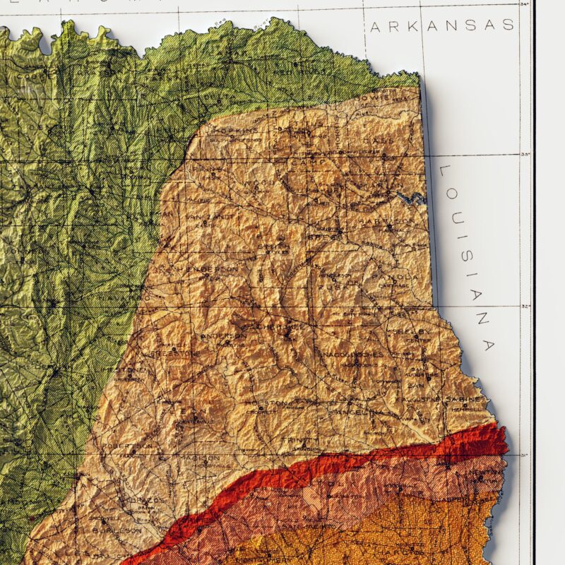 Texas Map 1919, Geology :Shaded relief map – flat print (not a 3D raised map)