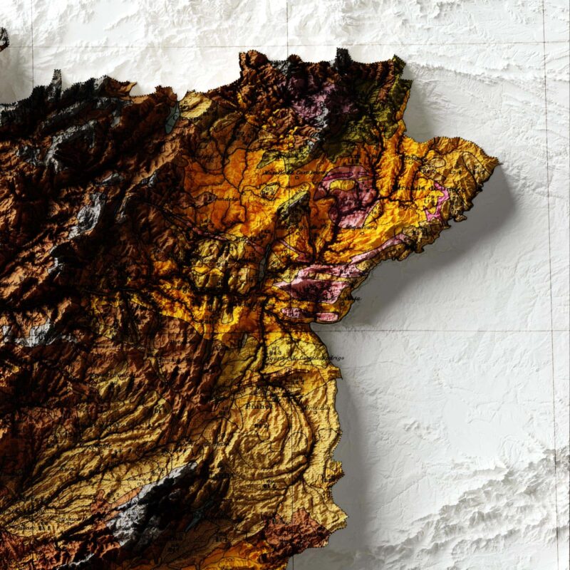 Portugal Map 1971, Geology :Shaded relief map – flat print (not a 3D raised map)