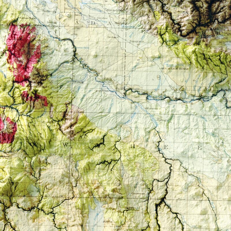 Idaho Map 1947, Geology :Shaded relief map – flat print (not a 3D raised map)