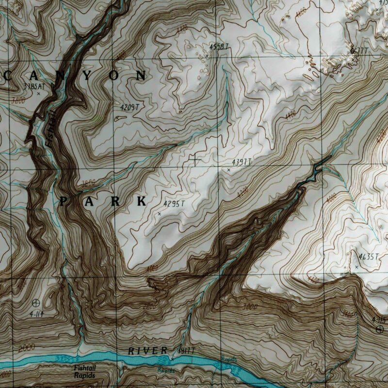 Fishtail Mesa Grand Canyon National Park Map 1988 :Shaded relief map – flat print (not a 3D raised map)