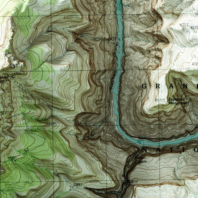 Explorers Monument Grand Canyon National Park Map 1988 :Shaded relief map – flat print (not a 3D raised map)