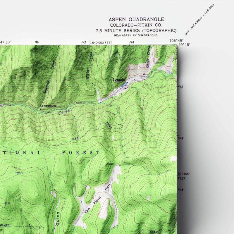 Aspen Map 1960 :Shaded relief map – flat print (not a 3D raised map)