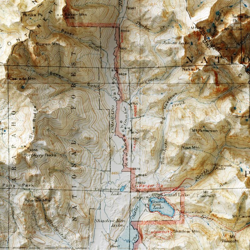 Rocky Mountain Map 1915, Topography :Shaded relief map – flat print (not a 3D raised map)