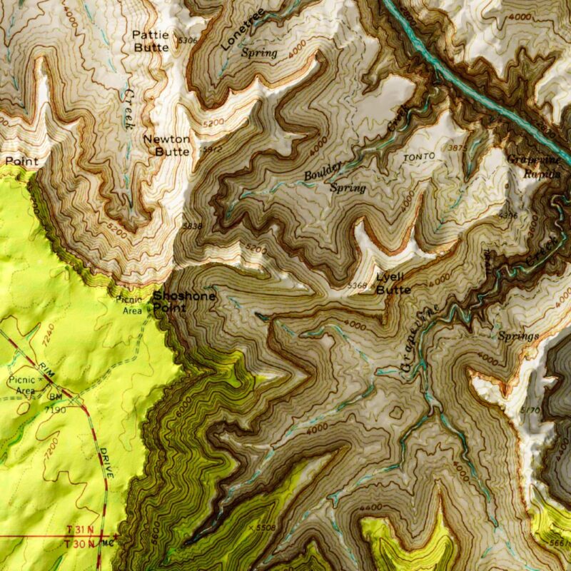 Bright Angel Trail Grand Canyon National Park Map 1962 :Shaded relief map – flat print (not a 3D raised map)