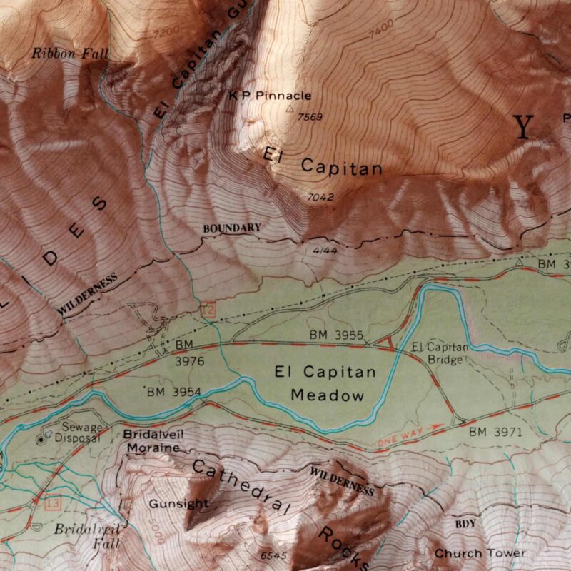 Yosemite Valley Map, Topography :Shaded relief map – flat print (not a 3D raised map)