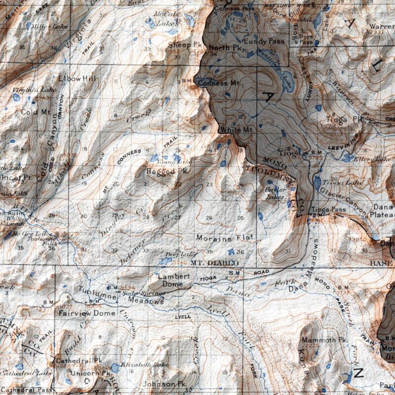 Yosemite National Park 1915, Topography :Shaded relief map – flat print (not a 3D raised map)