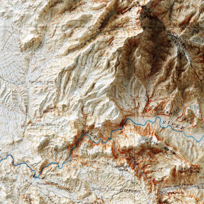 Roosevelt 1907, Topography :Shaded relief map – flat print (not a 3D raised map)