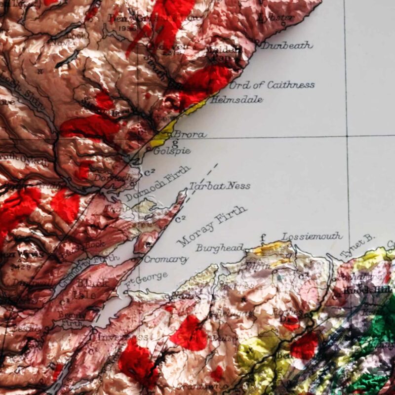 Scotland Map 1912, Geology :Shaded relief map – flat print (not a 3D raised map)