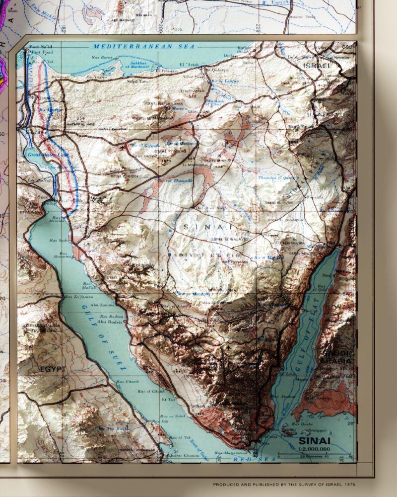 Israel Map 1975, Geology :Shaded relief map – flat print (not a 3D raised map)