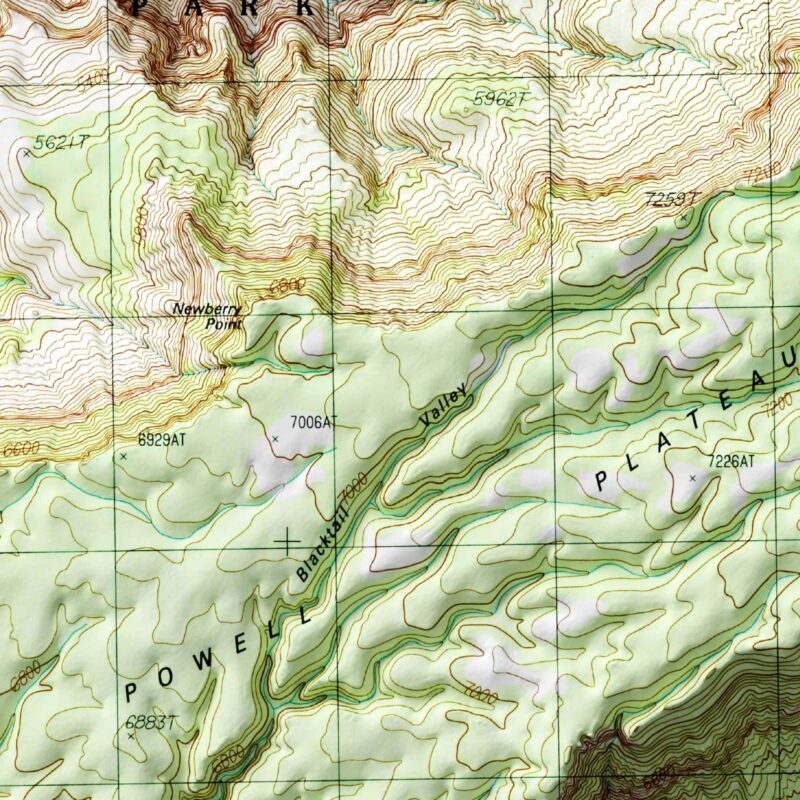 Powell Plateau - Grand Canyon National Park Map 1988 :Shaded relief map – flat print (not a 3D raised map)
