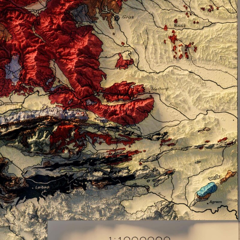Alps Mountains Map 1923, Geology :Shaded relief map – flat print (not a 3D raised map)