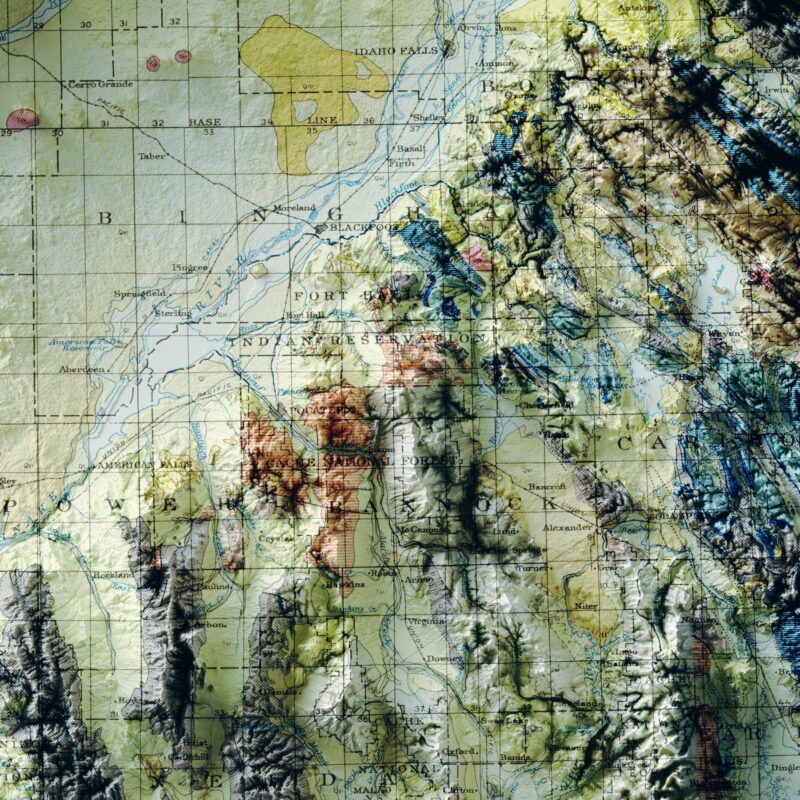 Idaho Map 1947, Geology :Shaded relief map – flat print (not a 3D raised map)