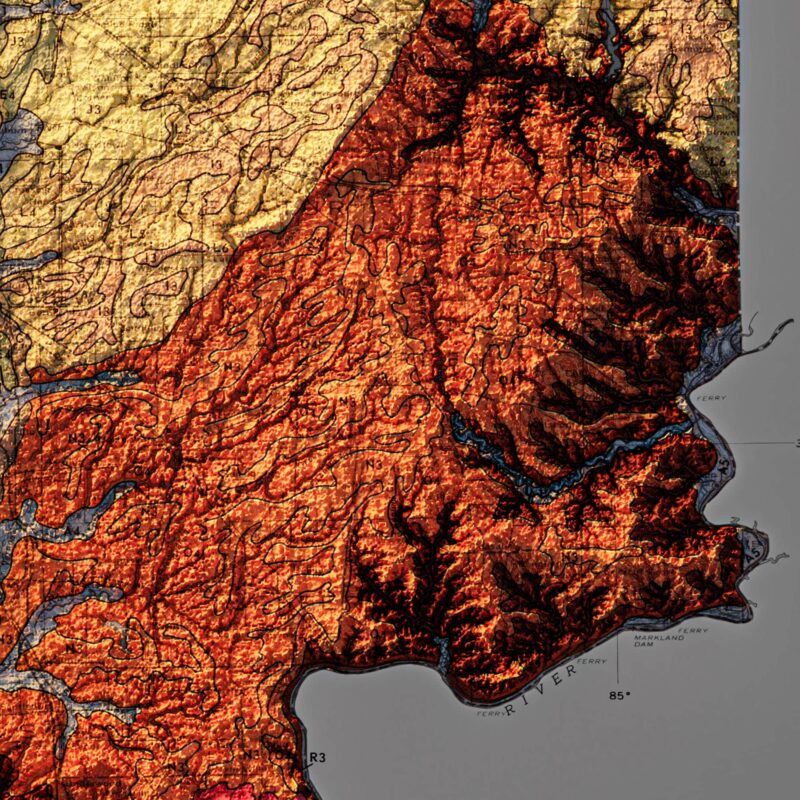 Indiana Map 1973, Geology :Shaded relief map – flat print (not a 3D raised map)