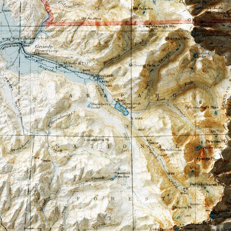 Rocky Mountain Map 1915, Topography :Shaded relief map – flat print (not a 3D raised map)