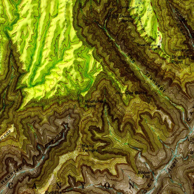 Bright Angel Trail Grand Canyon National Park Map 1962 :Shaded relief map – flat print (not a 3D raised map)