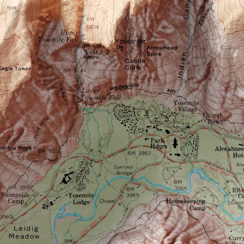 Yosemite Valley Map, Topography :Shaded relief map – flat print (not a 3D raised map)