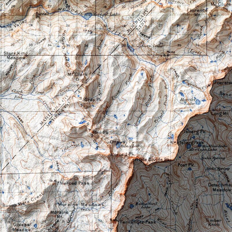Yosemite National Park 1915, Topography :Shaded relief map – flat print (not a 3D raised map)