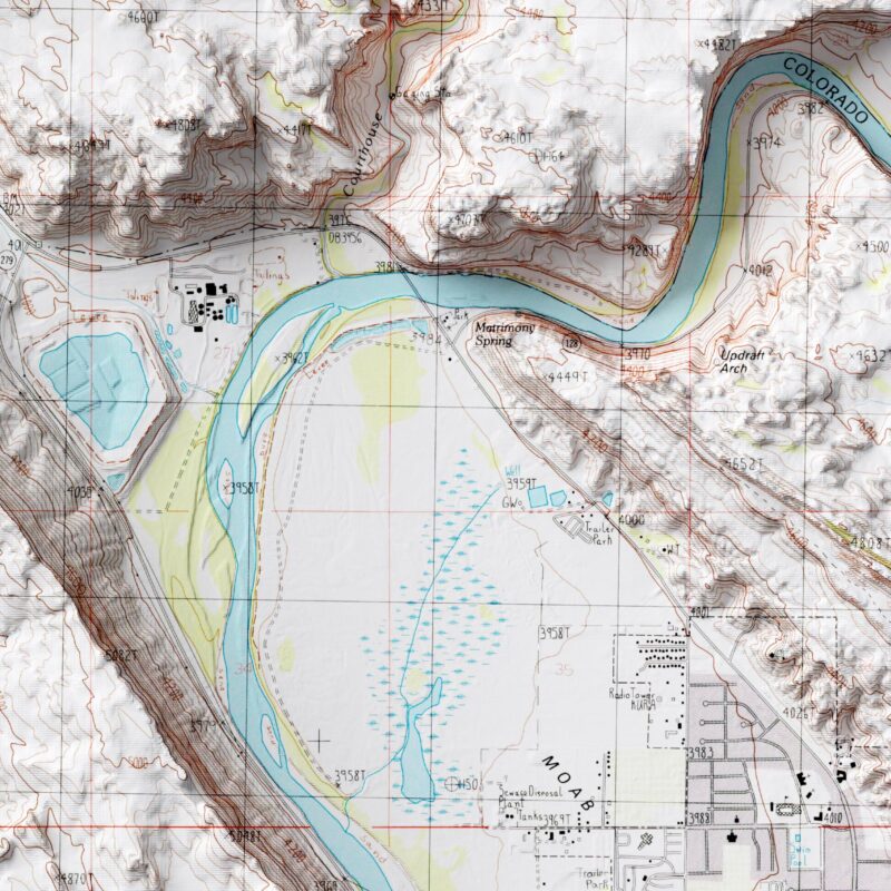 Moab Utah Map 1985 :Shaded relief map – flat print (not a 3D raised map)
