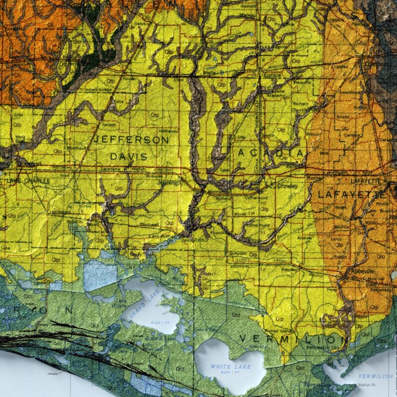 Louisiana 1984, Geology :Shaded relief map – flat print (not a 3D raised map)