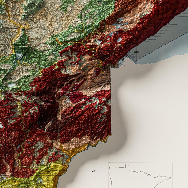 Minnesota Map 1982, Geology :Shaded relief map – flat print (not a 3D raised map)