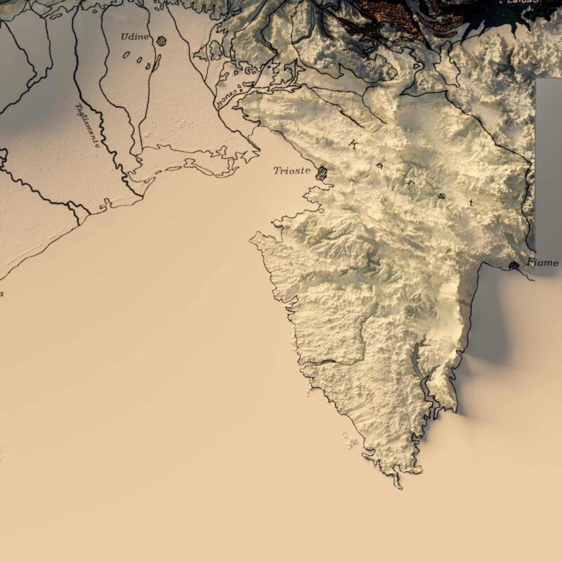 Alps Mountains Map 1923, Geology :Shaded relief map – flat print (not a 3D raised map)
