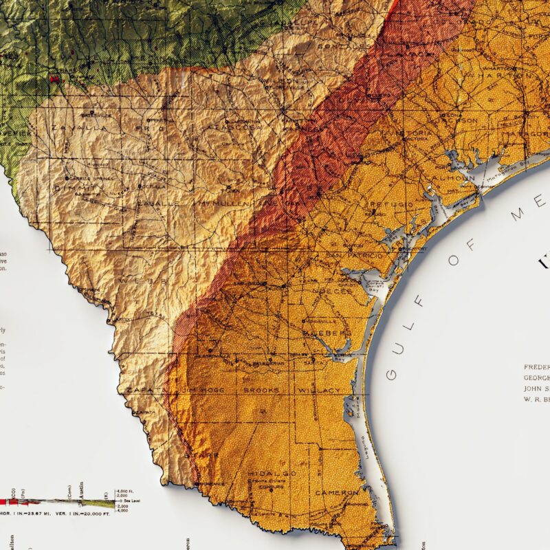 Texas Map 1919, Geology :Shaded relief map – flat print (not a 3D raised map)