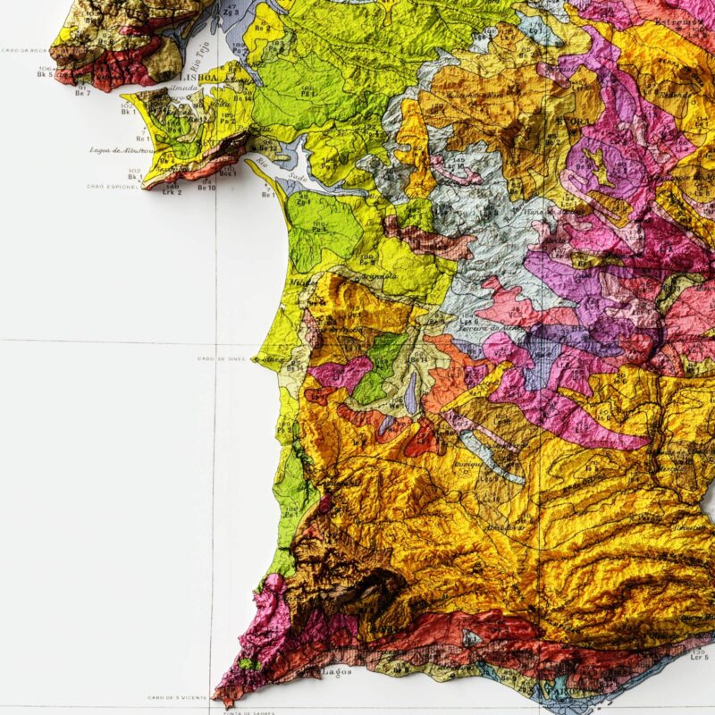 Portugal Map 1971, Geology :Shaded relief map – flat print (not a 3D raised map)