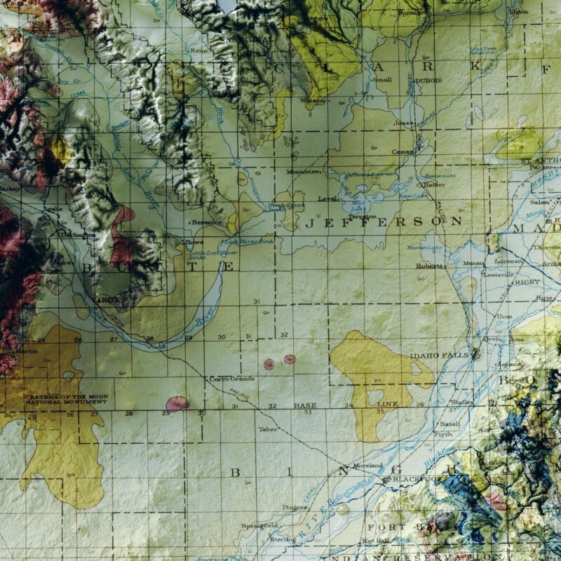 Idaho Map 1947, Geology :Shaded relief map – flat print (not a 3D raised map)