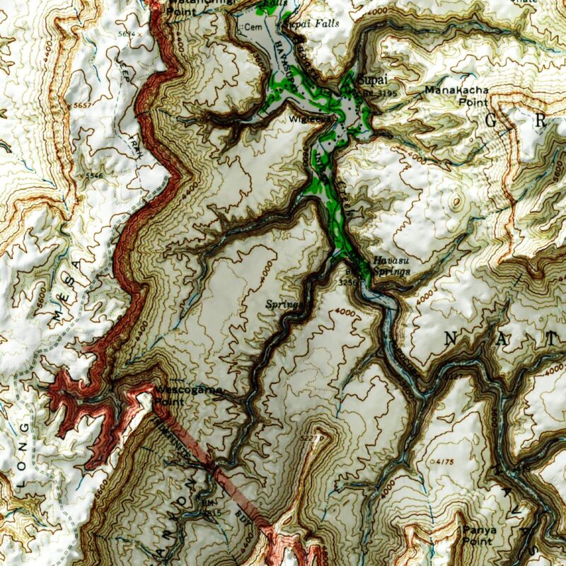 Supai - Grand Canyon National Park Map 1962 :Shaded relief map – flat print (not a 3D raised map)