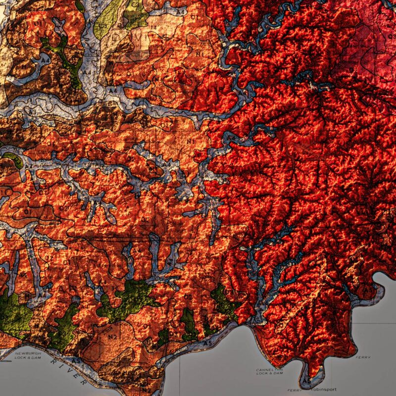 Indiana Map 1973, Geology :Shaded relief map – flat print (not a 3D raised map)