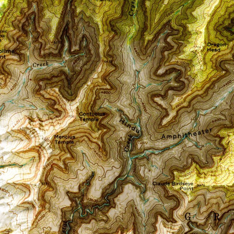 Bright Angel Trail Grand Canyon National Park Map 1962 :Shaded relief map – flat print (not a 3D raised map)