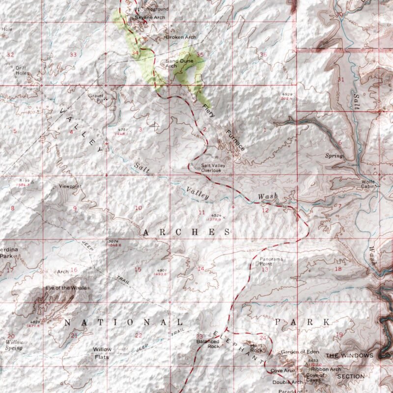 Arches Map 1974, Topography :Shaded relief map – flat print (not a 3D raised map)