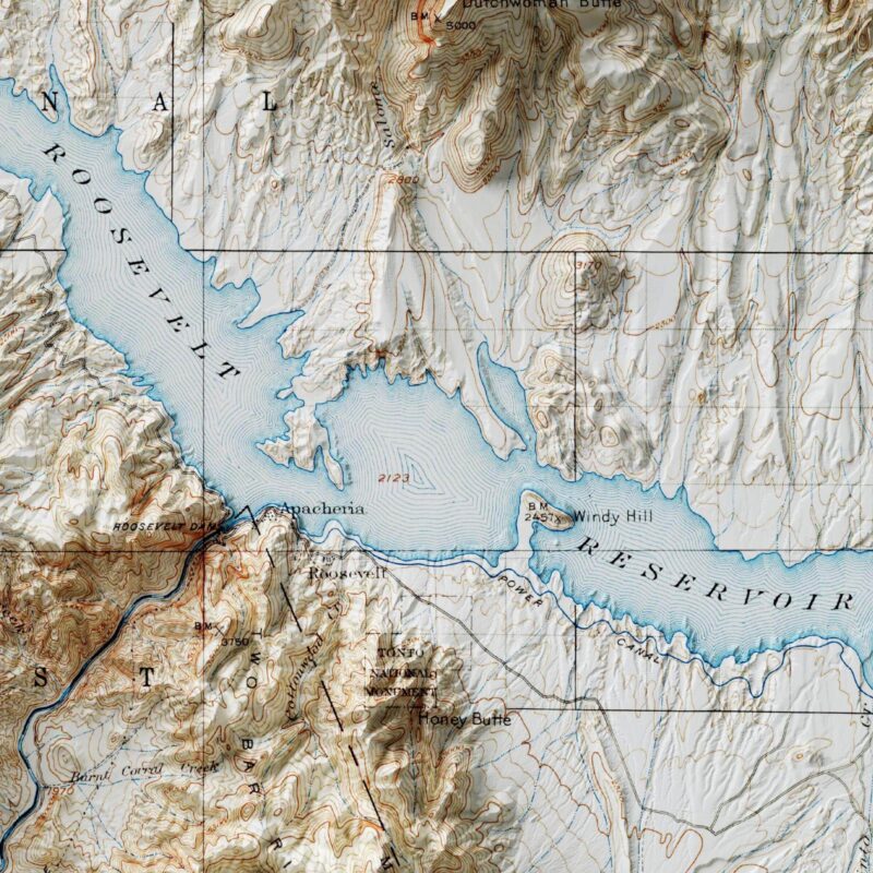 Roosevelt 1907, Topography :Shaded relief map – flat print (not a 3D raised map)