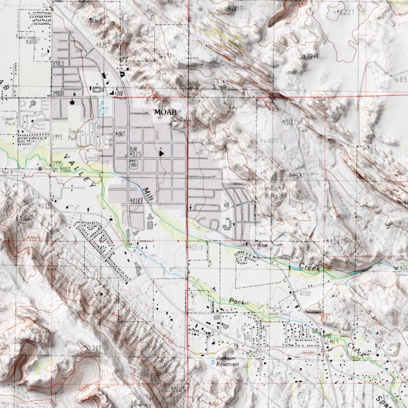 Moab Utah Map 1985 :Shaded relief map – flat print (not a 3D raised map)
