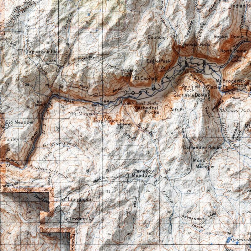 Yosemite National Park 1915, Topography :Shaded relief map – flat print (not a 3D raised map)